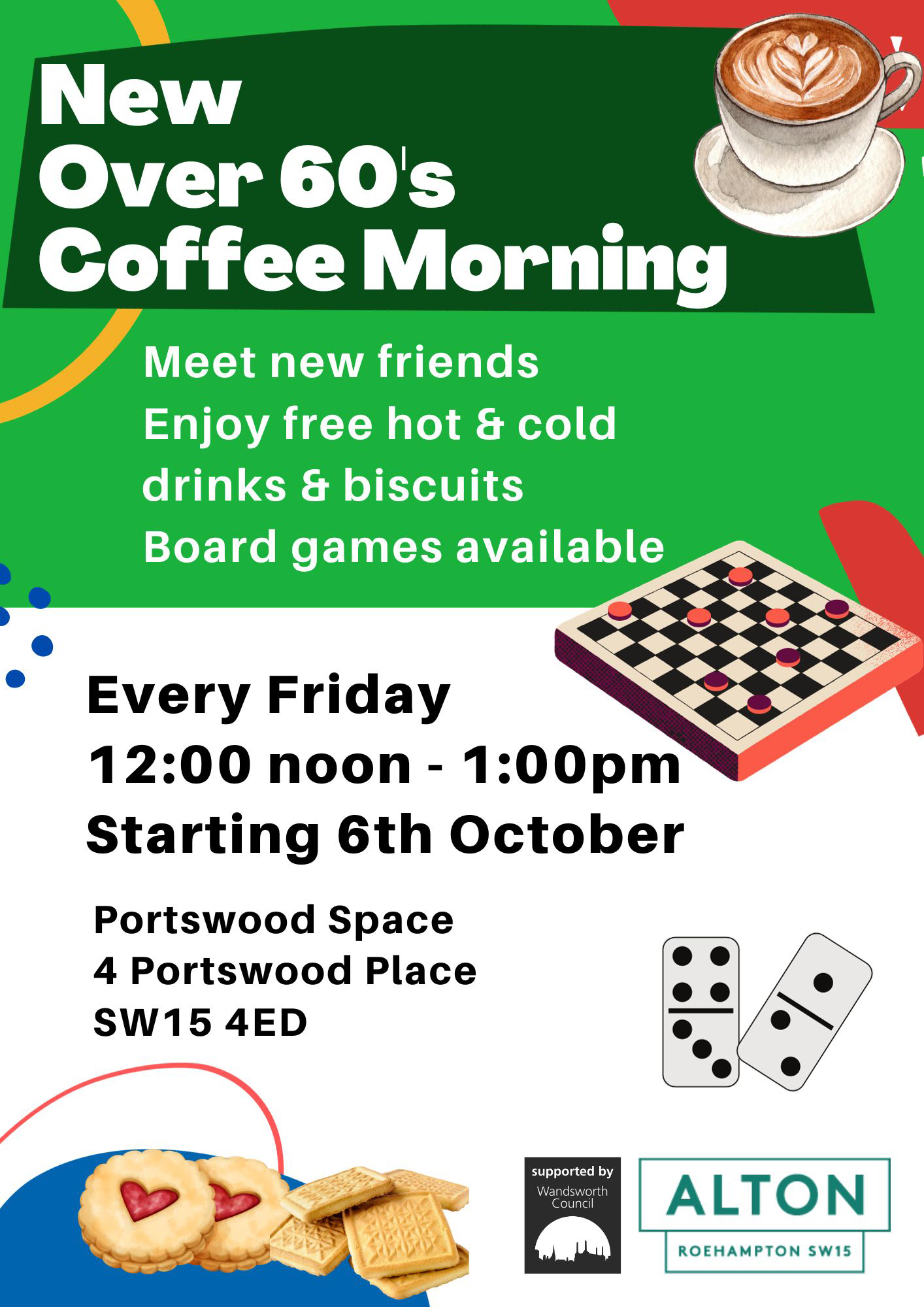 Poster advertising a new over 60's coffee morning, every Friday from 12 noon in Portswood Space, starting 6th October 2023