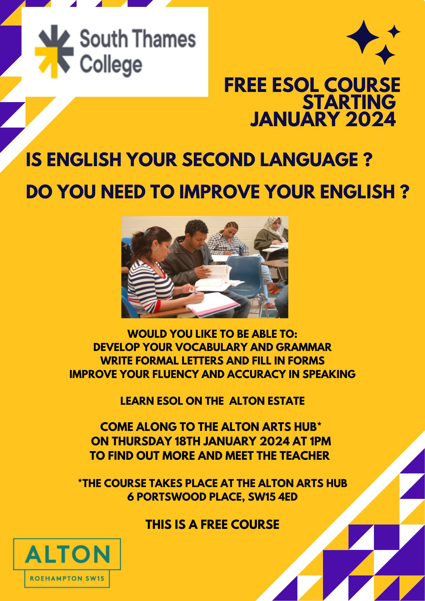 Poster advertising free ESOL course which starts in January 2024