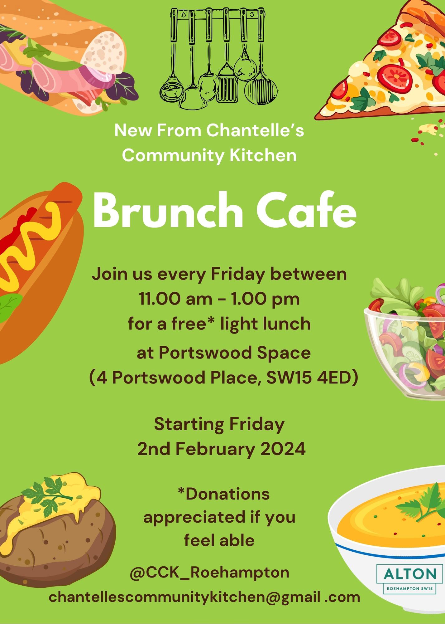 A colourful poster featuring illustrations of different types of food to promote the Brunch Cafe, illustrations include a ham and salad baguette, a slice of pizza, a hot dog, a bowl of salad, a jacket potato and a bowl of soup