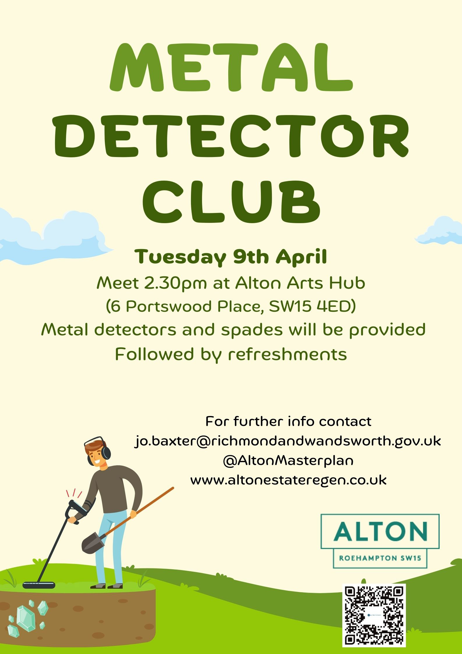 Colourful poster advertising Metal Detector Club, featuring an illustration of someone using a metal detector.