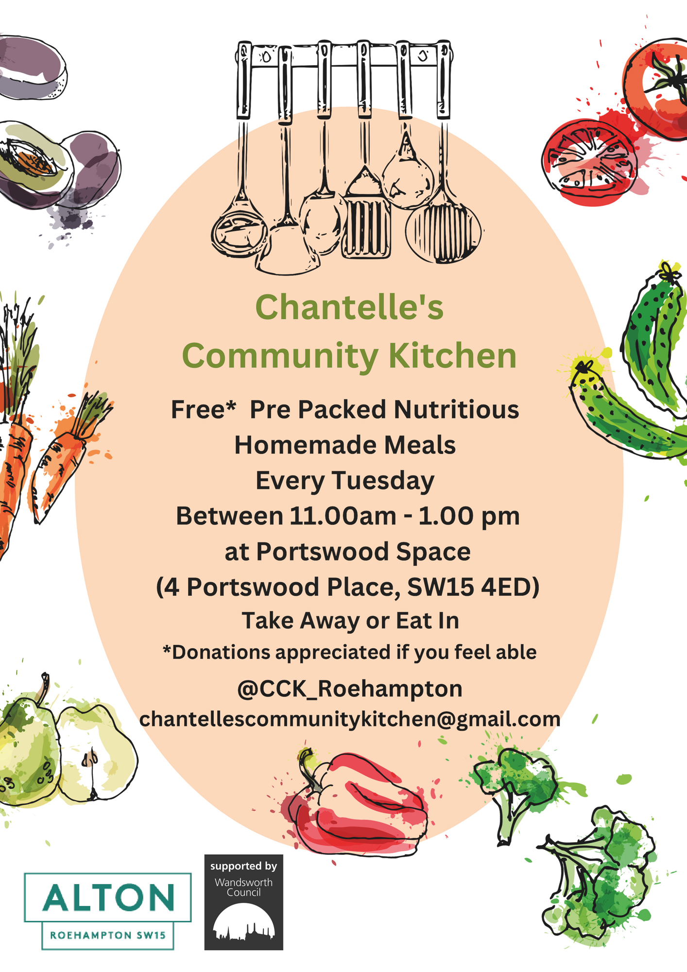 A poster advertising Chatelle's Community Kitchen, featuring illustrations of healthy fruit and vegetables including tomatoes, plums, carrots, courgettes, pears and broccoli